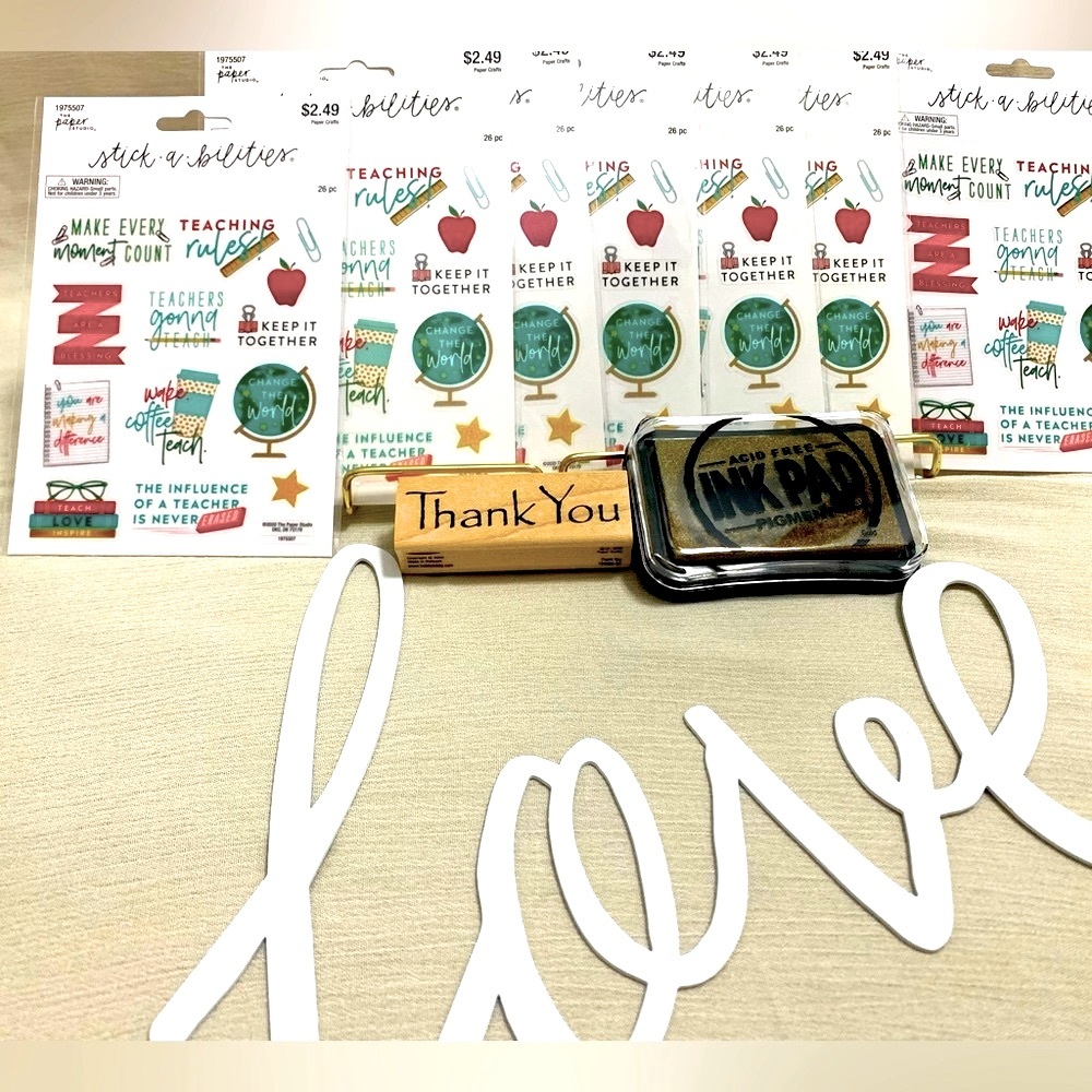 182 pc Teacher Appreciation Themed Stickers & 1 Thank You Rubber Stamp & Ink Pad